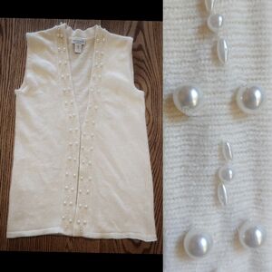 Vintage Wool Blend Angora Longline Sweater Vest Ivory Beaded Feminine Winter